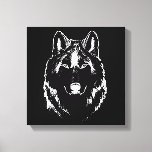 Funky Black and White Wolf Face Head Sketch Canvas Afdruk