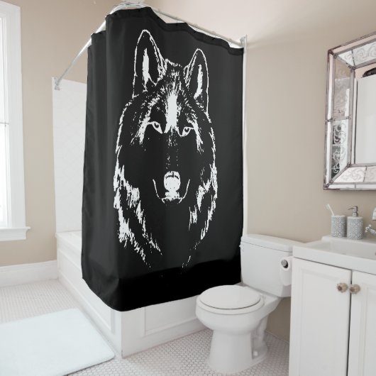 Funky Black and White Wolf Face Head Sketch Douchegordijn (In situ)