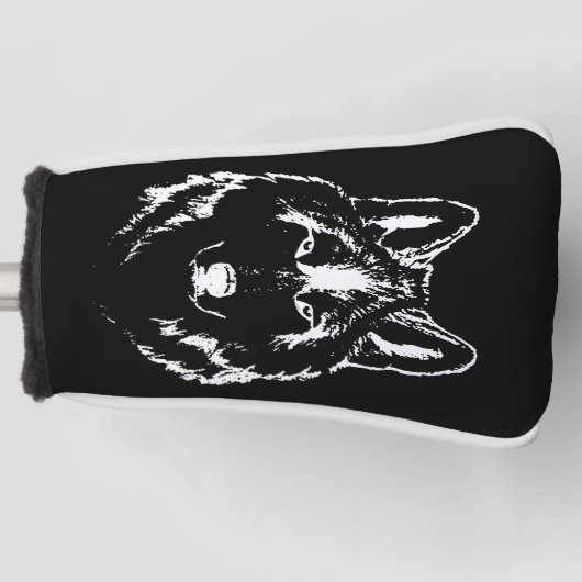 Funky Black and White Wolf Face Head Sketch Golfheadcover (Voorkant)