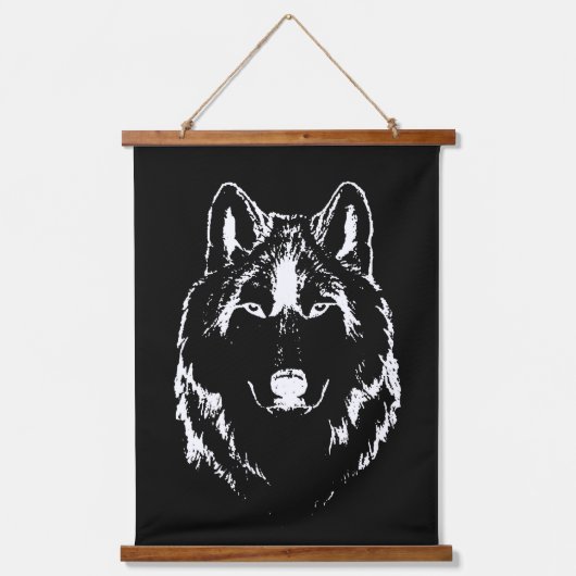 Funky Black and White Wolf Face Head Sketch Hangend Wandkleed (Voorkant)