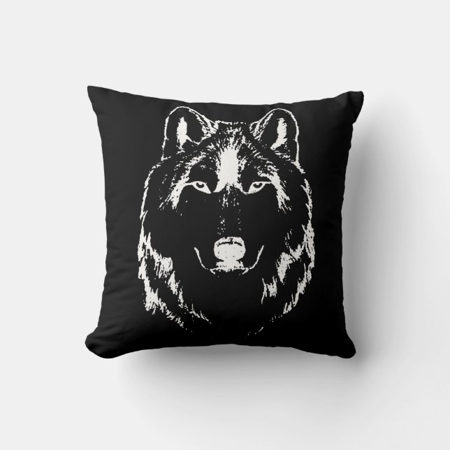 Funky Black and White Wolf Face Head Sketch Kussen (Voorkant)
