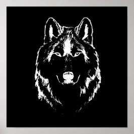 Funky Black and White Wolf Face Head Sketch Poster