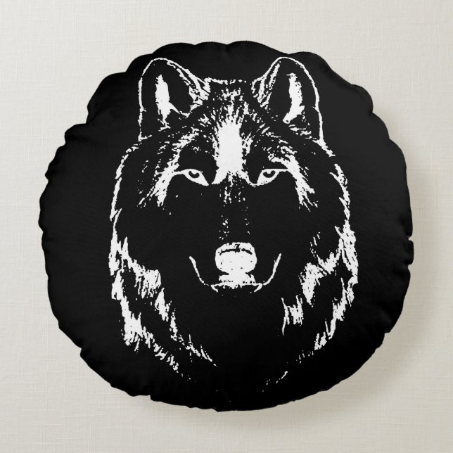 Funky Black and White Wolf Face Head Sketch Rond Kussen (Voorkant)