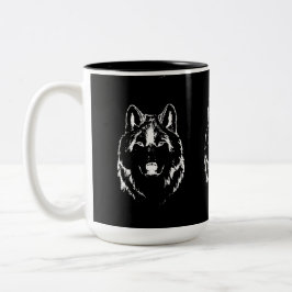 Funky Black and White Wolf Face Head Sketch Tweekleurige Koffiemok