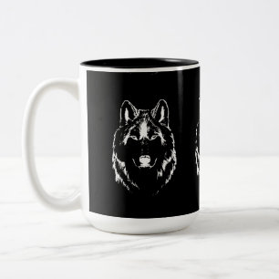 Funky Black and White Wolf Face Head Sketch Tweekleurige Koffiemok