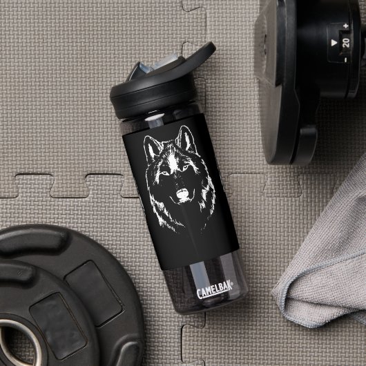 Funky Black and White Wolf Face Head Sketch Waterfles (Gym)