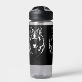 Funky Black and White Wolf Face Head Sketch Waterfles