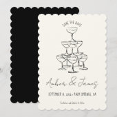 Funky Black Hand getrokken Champagne Tower bruilof Save The Date (Voorkant / Achterkant)