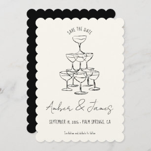 Funky Black Hand getrokken Champagne Tower bruilof Save The Date