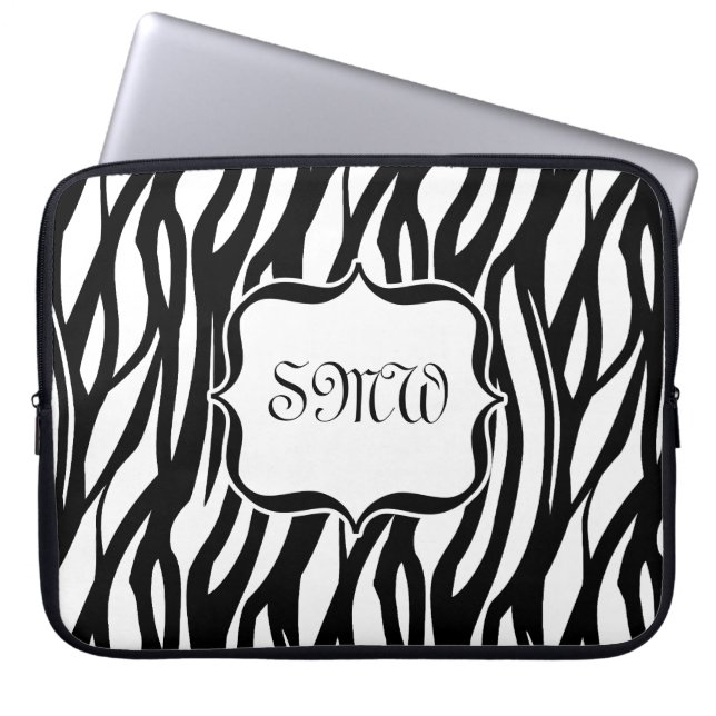 Funky Black/White Zebra Monogram Laptop Sleeve (Voorkant)