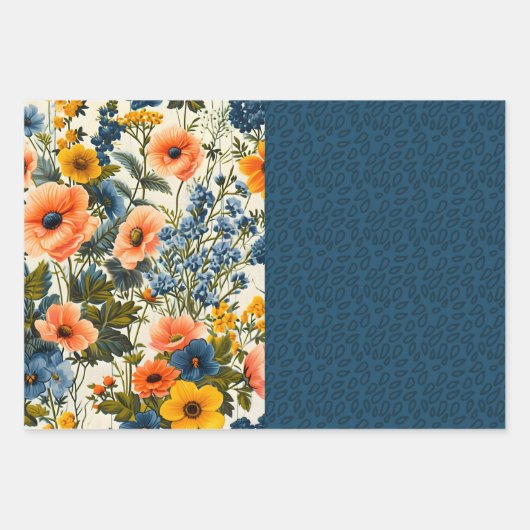 Funky blauw en geel  bloemige halve mix inpakpapier vel (Voorkant 3)