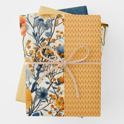 Funky blauw en geel  bloemige halve mix inpakpapier vel (In situ)