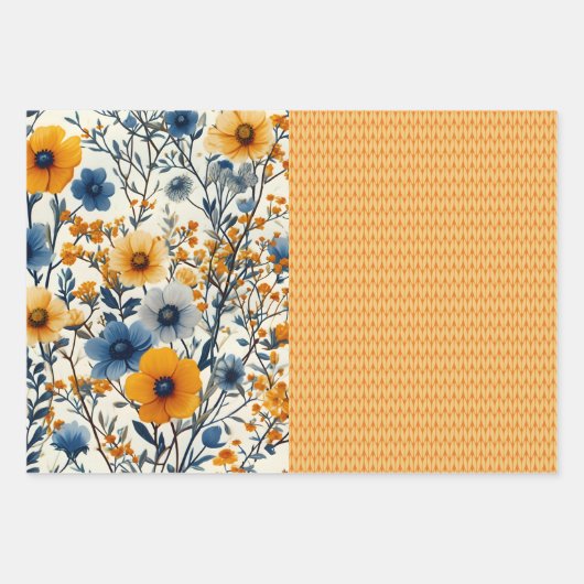 Funky blauw en geel  bloemige halve mix inpakpapier vel (Voorkant)