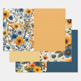 Funky blauw en geel bloemige halve mix inpakpapier vel