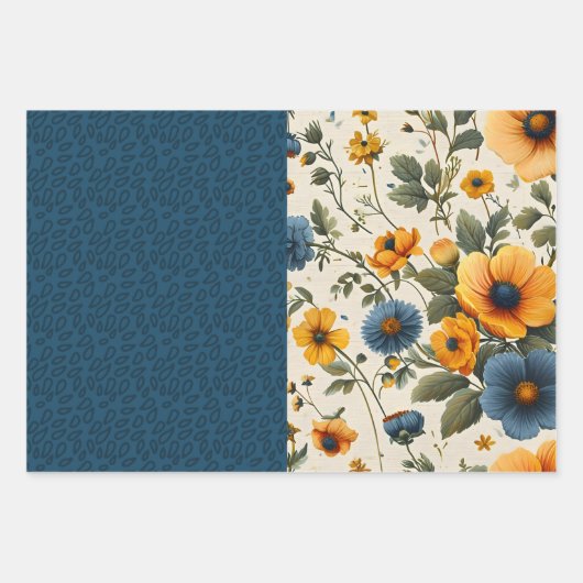 Funky blauw en geel  bloemige halve mix inpakpapier vel (Voorkant 2)