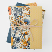 Funky blauw en geel  bloemige halve mix inpakpapier vel (In situ)