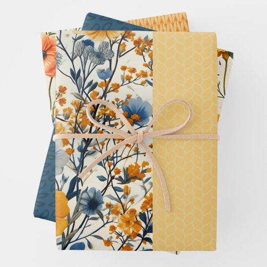 Funky blauw en geel  bloemige halve mix inpakpapier vel (In situ)