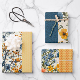 Funky blauw en geel bloemige halve mix inpakpapier vel