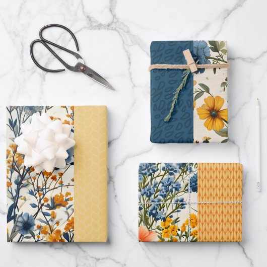 Funky blauw en geel  bloemige halve mix inpakpapier vel (Voorkant)