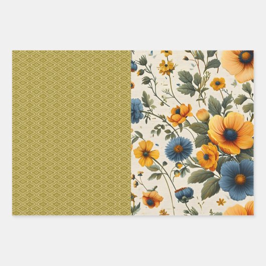 Funky blauw en geel  bloemige halve mix inpakpapier vel (Voorkant 2)