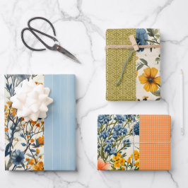 Funky blauw en geel bloemige halve mix inpakpapier vel