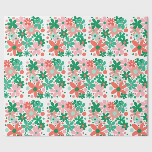 Funky bloemen in groen, perzik & koraal cadeaupapier (Vlak)