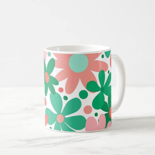 Funky bloemen in groen, perzik & koraal koffiemok (Voorkant rechts)