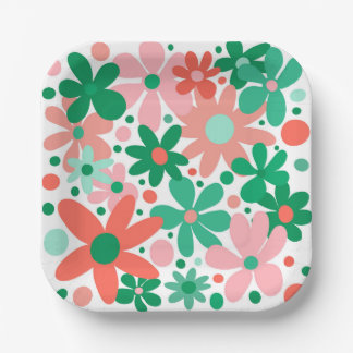 Funky bloemen in groen, perzik & koraal papieren bordje