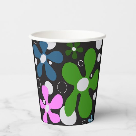 Funky bloemen in groen, roze en blauw papieren bekers (Voorkant)