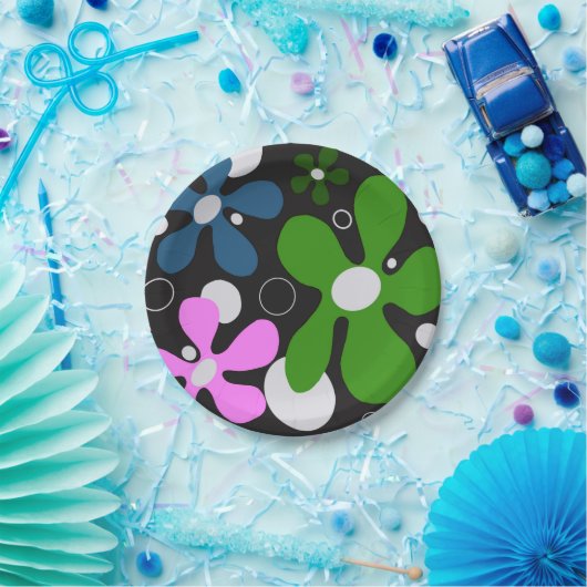 Funky bloemen in groen, roze en blauw papieren bordje (Feest)