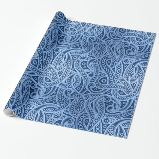 Funky Blue Abstract Paisley Pattern Wrapping Paper Cadeaupapier (Uitgerold)