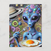 Funky Blue Alien eet gefrituurde eieren