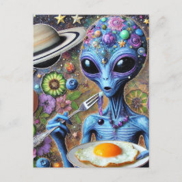 Funky Blue Alien eet gefrituurde eieren Briefkaart