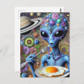 Funky Blue Alien eet gefrituurde eieren Briefkaart (Voorkant / Achterkant)