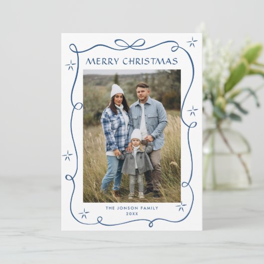 Funky Blue Christmas Bow Ribbon 3 Photo Feestdagenkaart (Staand voorkant)