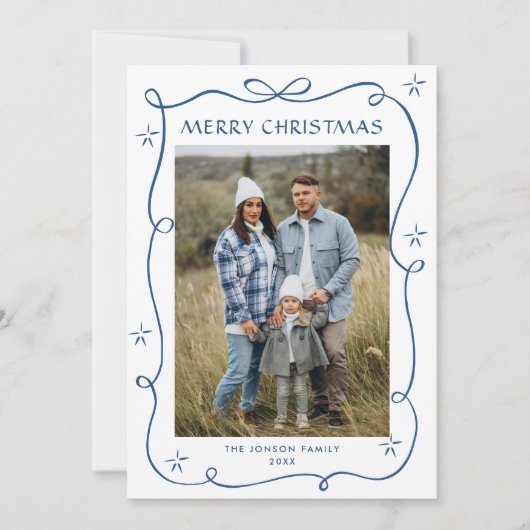 Funky Blue Christmas Bow Ribbon 5 Photo Feestdagenkaart (Voorkant)