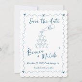 Funky Blue Handgeschreven Champagne Tower Bruiloft Save The Date (Voorkant)