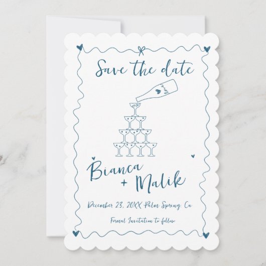 Funky Blue Handgeschreven Champagne Tower Bruiloft Save The Date (Voorkant)