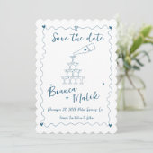 Funky Blue Handgeschreven Champagne Tower Bruiloft Save The Date (Staand voorkant)