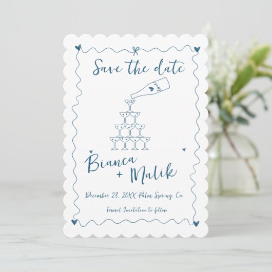 Funky Blue Handgeschreven Champagne Tower Bruiloft Save The Date (Staand voorkant)