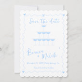 Funky Blue Handgeschreven Champagne Tower Bruiloft Save The Date (Voorkant)