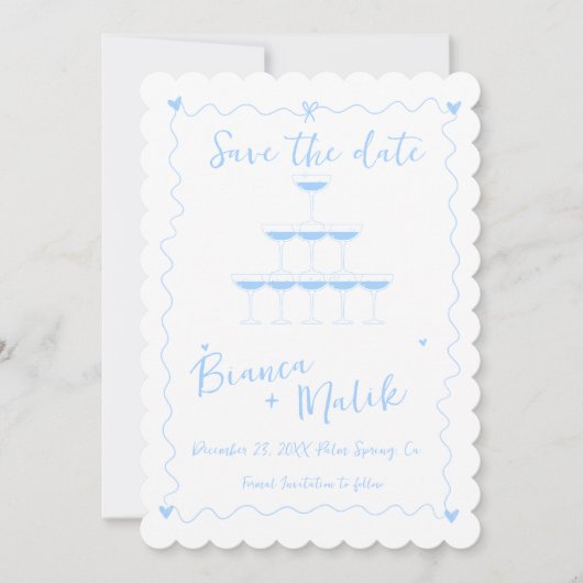 Funky Blue Handgeschreven Champagne Tower Bruiloft Save The Date (Voorkant)