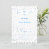 Funky Blue Handgeschreven Champagne Tower Bruiloft Save The Date (Staand voorkant)