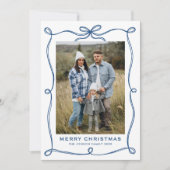 Funky Blue Merry Christmas Bow Ribbon 5 Photo Feestdagenkaart (Voorkant)