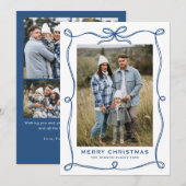 Funky Blue Merry Christmas Bow Ribbon 5 Photo Feestdagenkaart (Voorkant / Achterkant)