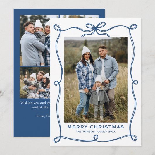 Funky Blue Merry Christmas Bow Ribbon 5 Photo Feestdagenkaart (Voorkant / Achterkant)