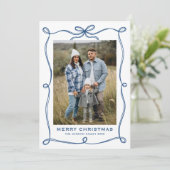 Funky Blue Merry Christmas Bow Ribbon 5 Photo Feestdagenkaart (Staand voorkant)