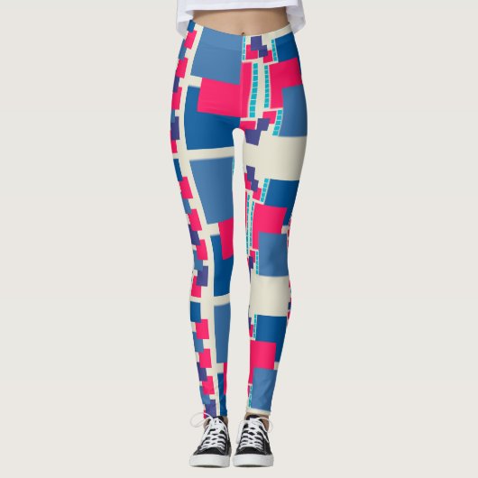 Funky Blue+Pink Square Pattern Leggings ★ Psydefx★ (Voorkant)