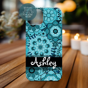 Funky Blue Retro Floral Pattern met naam iPhone 15 Case