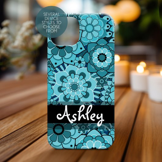Funky Blue Retro Floral Pattern met naam Case-Mate iPhone Case